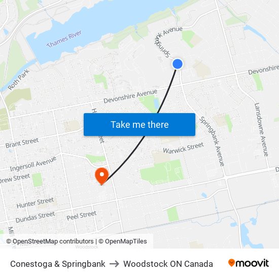 Conestoga & Springbank to Woodstock ON Canada map