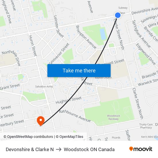 Devonshire & Clarke N to Woodstock ON Canada map