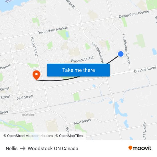 Nellis to Woodstock ON Canada map