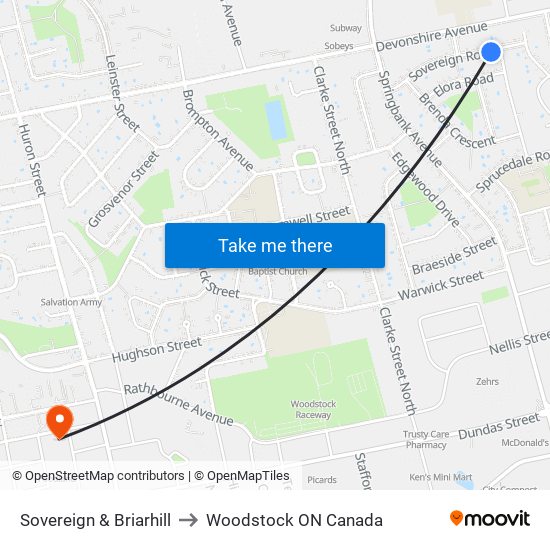 Sovereign & Briarhill to Woodstock ON Canada map