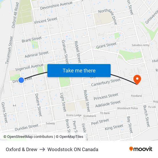 Oxford & Drew to Woodstock ON Canada map