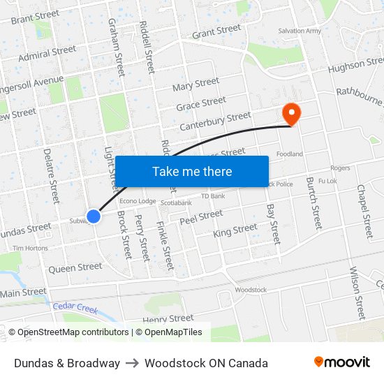 Dundas & Broadway to Woodstock ON Canada map