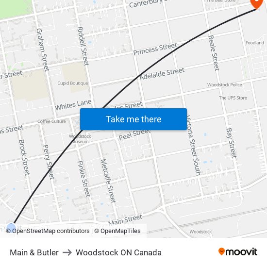 Main & Butler to Woodstock ON Canada map