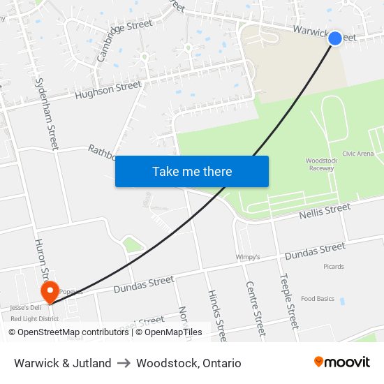 Warwick & Jutland to Woodstock, Ontario map