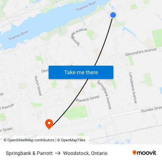 Springbank & Parrott to Woodstock, Ontario map