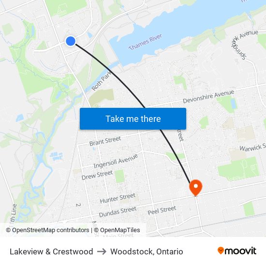 Lakeview & Crestwood to Woodstock, Ontario map