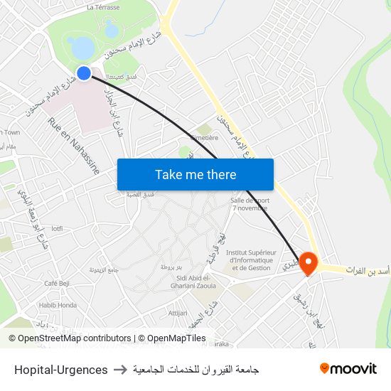Hopital-Urgences to جامعة القيروان للخدمات الجامعية map