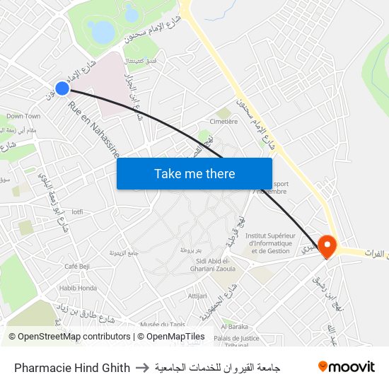 Pharmacie Hind Ghith to جامعة القيروان للخدمات الجامعية map
