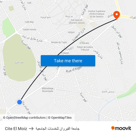 Cite El Moiz to جامعة القيروان للخدمات الجامعية map