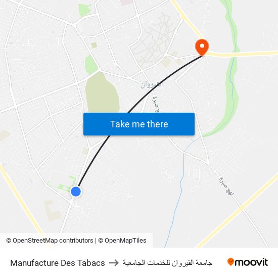 Manufacture Des Tabacs to جامعة القيروان للخدمات الجامعية map