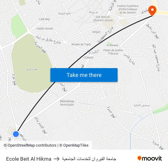 Ecole Beit Al Hikma to جامعة القيروان للخدمات الجامعية map