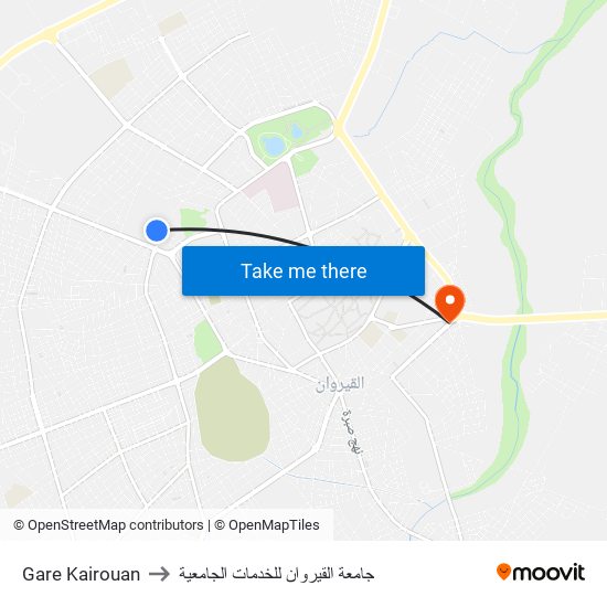Gare Kairouan to جامعة القيروان للخدمات الجامعية map