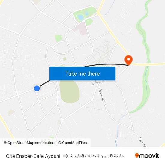Cite Enacer-Cafe Ayouni to جامعة القيروان للخدمات الجامعية map