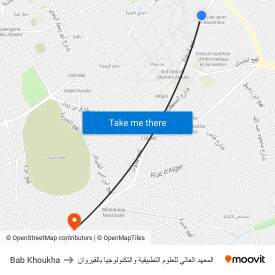 Bab Khoukha to المعهد العالي للعلوم التطبيقية والتكنولوجيا بالقيروان map