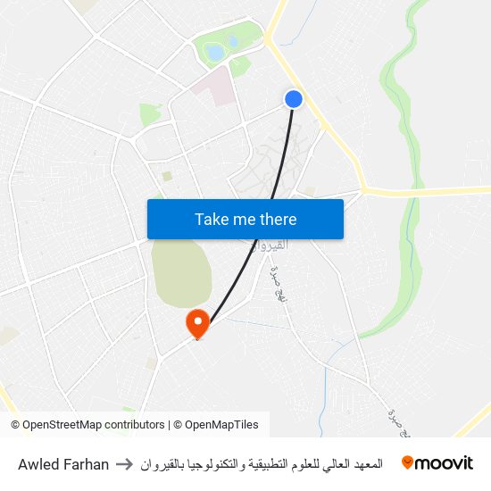 Awled Farhan to المعهد العالي للعلوم التطبيقية والتكنولوجيا بالقيروان map