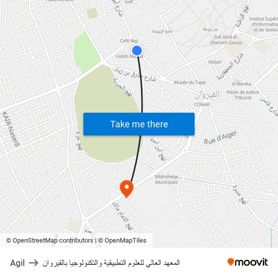 Agil to المعهد العالي للعلوم التطبيقية والتكنولوجيا بالقيروان map