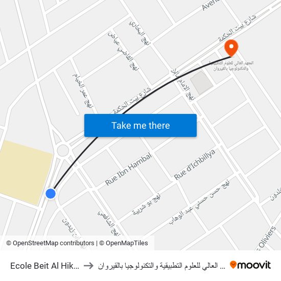 Ecole Beit Al Hikma to المعهد العالي للعلوم التطبيقية والتكنولوجيا بالقيروان map