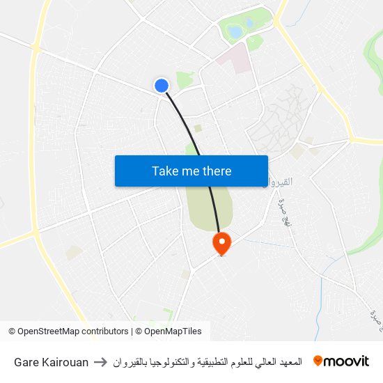 Gare Kairouan to المعهد العالي للعلوم التطبيقية والتكنولوجيا بالقيروان map