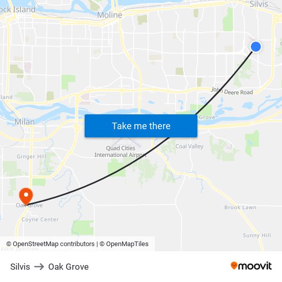 Silvis to Oak Grove map