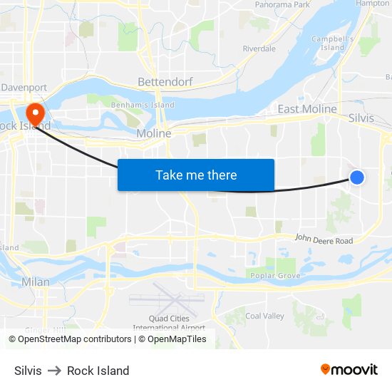 Silvis to Rock Island map