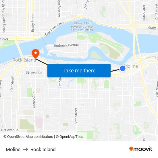 Moline to Rock Island map