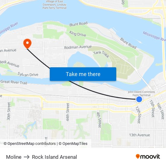 Moline to Rock Island Arsenal map