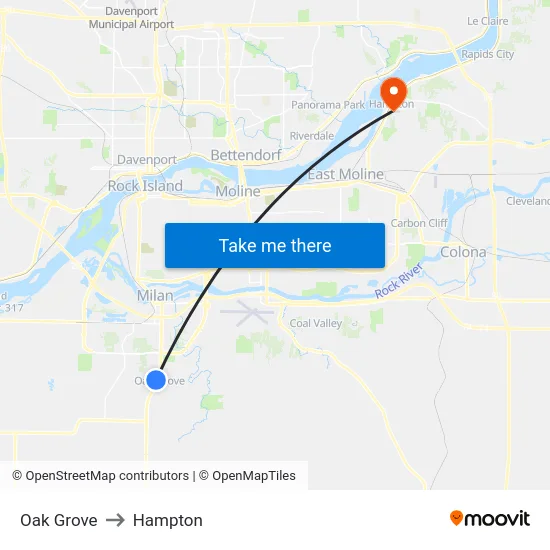 Oak Grove to Hampton map
