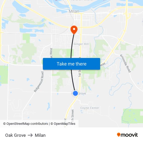 Oak Grove to Milan map