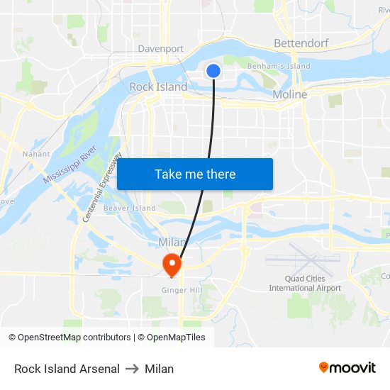 Rock Island Arsenal to Milan map