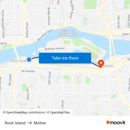 Rock Island to Moline map