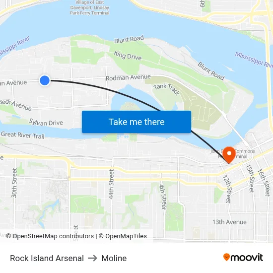 Rock Island Arsenal to Moline map