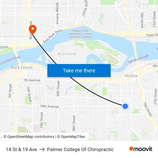 14 St & 19 Ave to Palmer College Of Chiropractic map