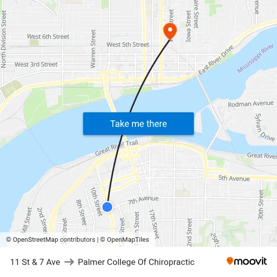 11 St & 7 Ave to Palmer College Of Chiropractic map