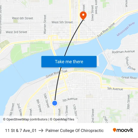 11 St & 7 Ave_01 to Palmer College Of Chiropractic map