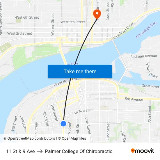 11 St & 9 Ave to Palmer College Of Chiropractic map
