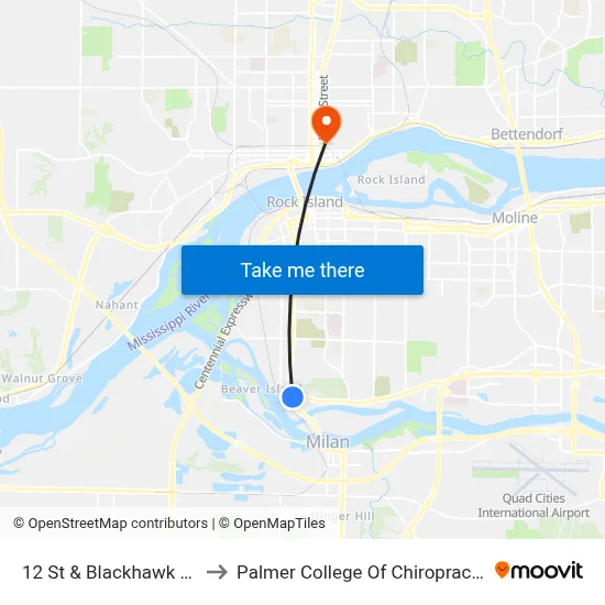 12 St & Blackhawk Rd to Palmer College Of Chiropractic map