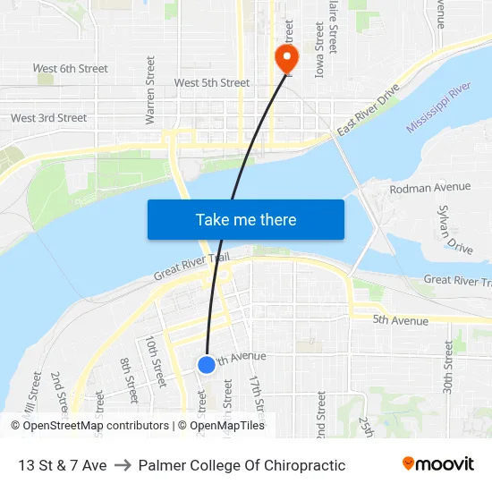 13 St & 7 Ave to Palmer College Of Chiropractic map