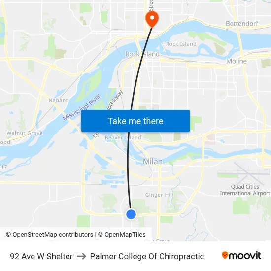 92 Ave W Shelter to Palmer College Of Chiropractic map
