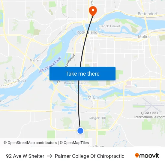 92 Ave W Shelter to Palmer College Of Chiropractic map