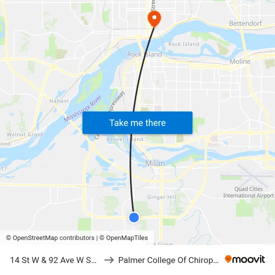 14 St W & 92 Ave W Shelter to Palmer College Of Chiropractic map