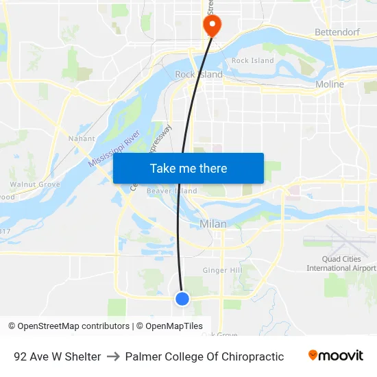 92 Ave W Shelter to Palmer College Of Chiropractic map