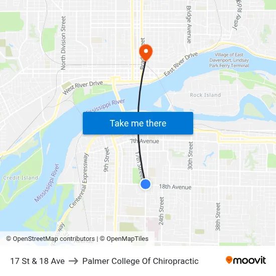 17 St & 18 Ave to Palmer College Of Chiropractic map