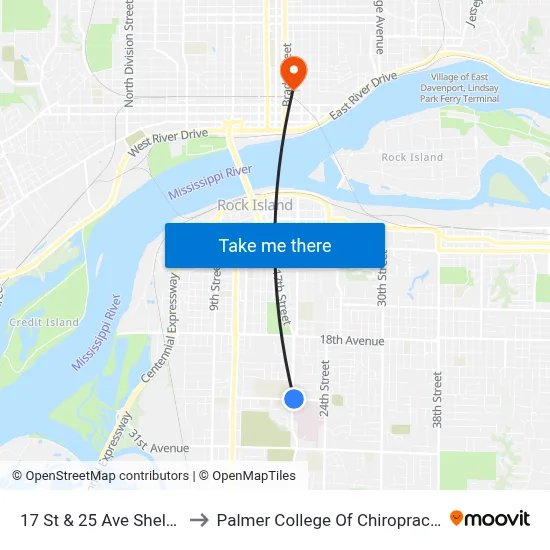 17 St & 25 Ave Shelter to Palmer College Of Chiropractic map