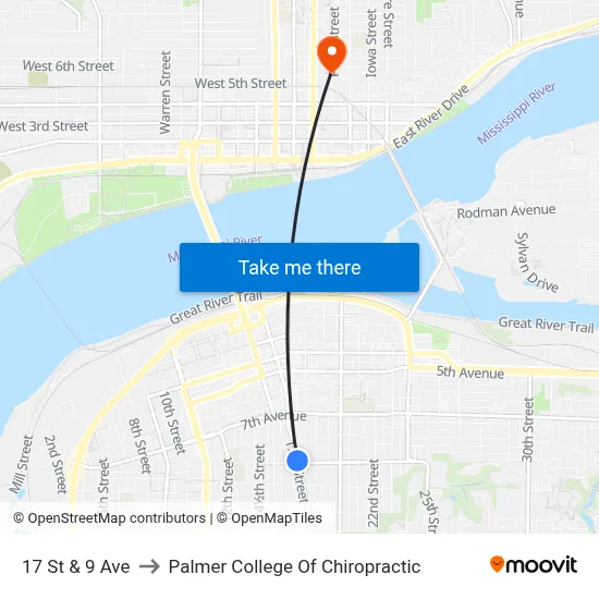 17 St & 9 Ave to Palmer College Of Chiropractic map