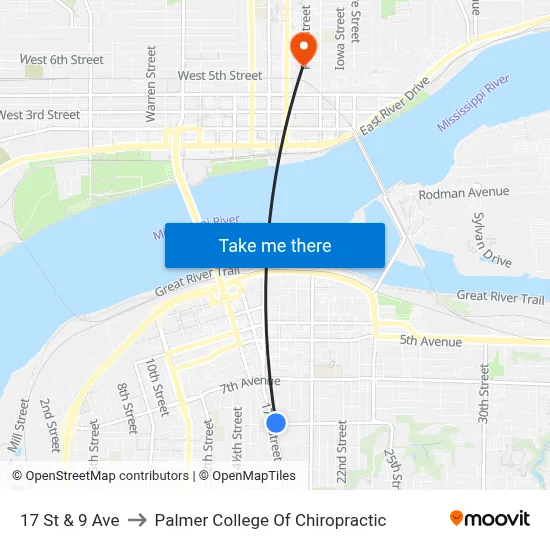 17 St & 9 Ave to Palmer College Of Chiropractic map
