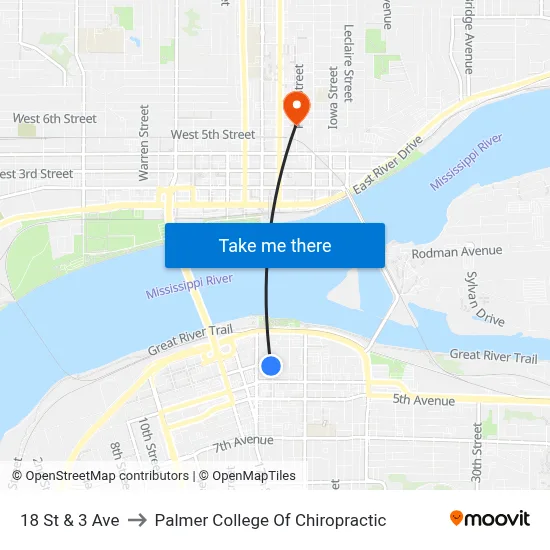 18 St & 3 Ave to Palmer College Of Chiropractic map