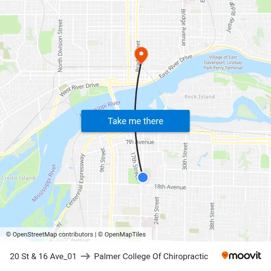 20 St & 16 Ave_01 to Palmer College Of Chiropractic map