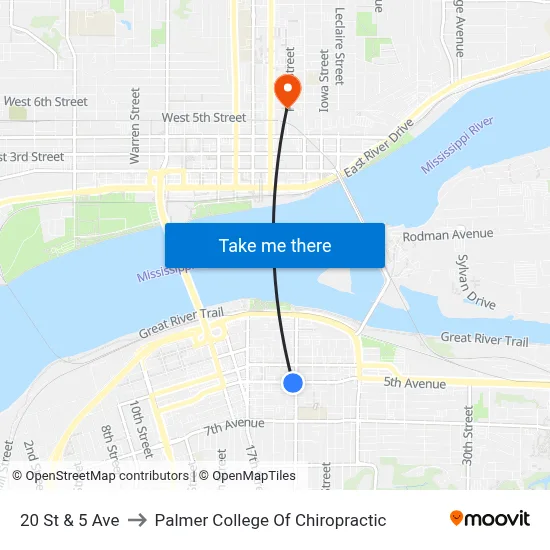 20 St & 5 Ave to Palmer College Of Chiropractic map
