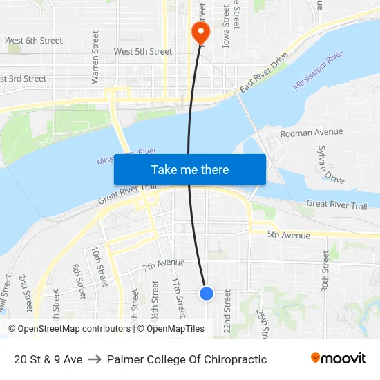 20 St & 9 Ave to Palmer College Of Chiropractic map