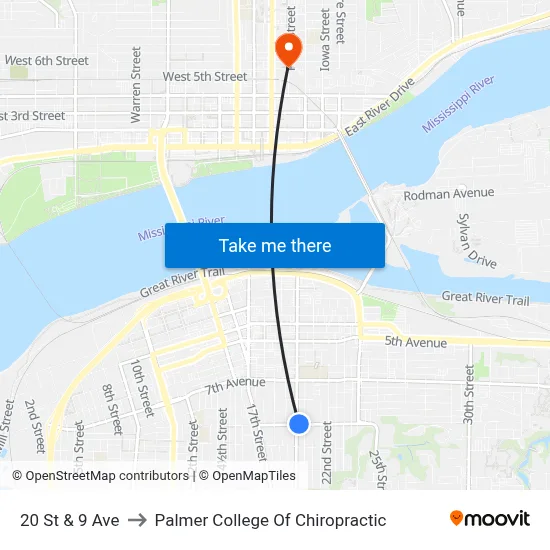 20 St & 9 Ave to Palmer College Of Chiropractic map